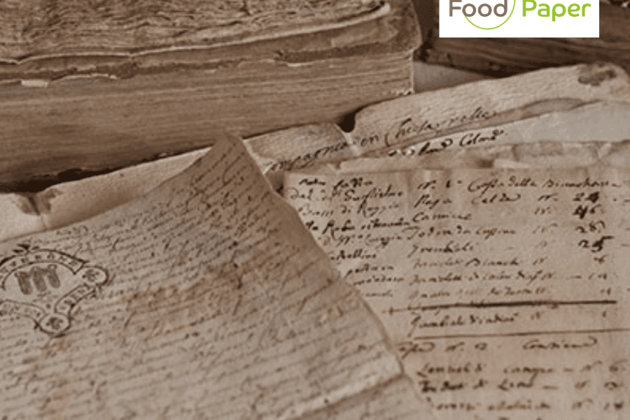 Close-up of vintage handwritten manuscripts and aged paper sheets, with Food Paper logo watermark for branding and heritage context.