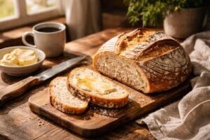 Freshly baked sourdough bread with a golden crust, sliced and served with butter on a rustic wooden table, beside a knife, coffee cup, and natural sunlight.