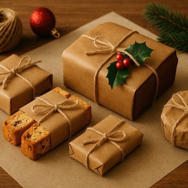 Festive Christmas kitchen scene with baked goods wrapped in brown paper and twine, decorated with holly.