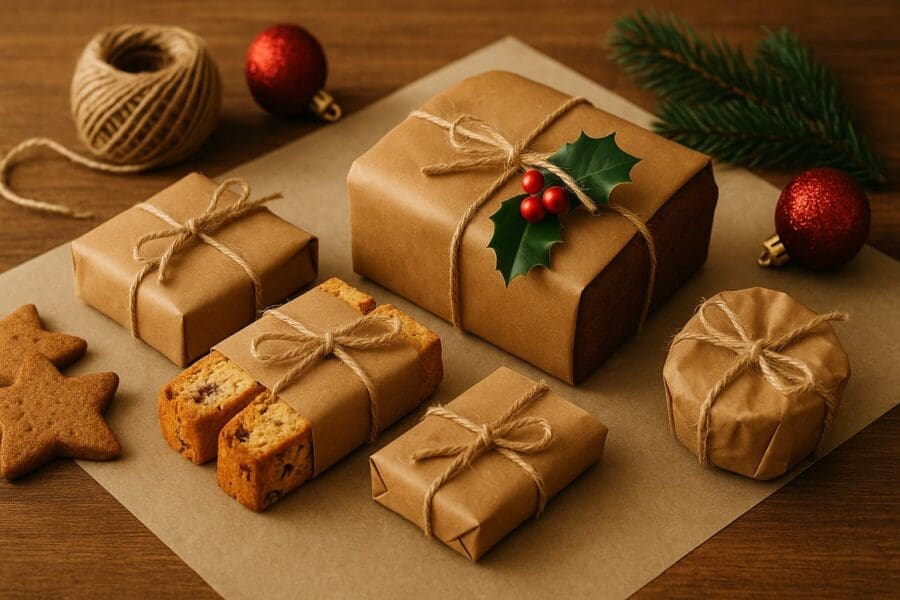 Festive Christmas kitchen scene with baked goods wrapped in brown paper and twine, decorated with holly.