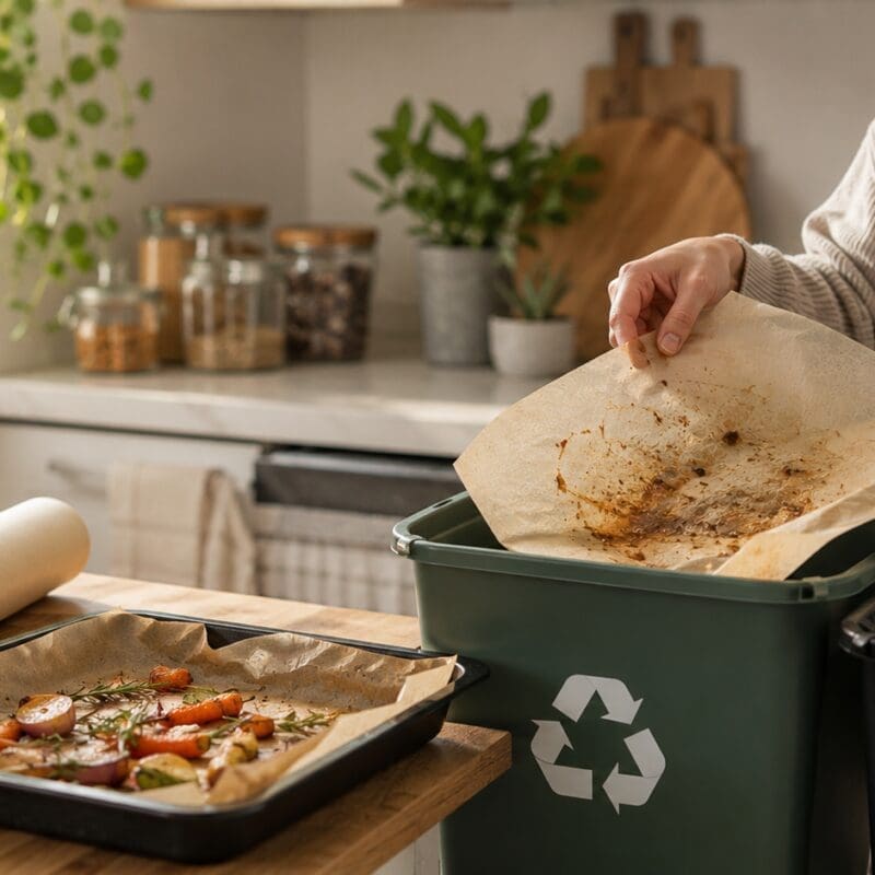 Person placing used baking paper into a recycling bin in a modern kitchen beside a tray of roasted vegetables and a roll of baking paper.