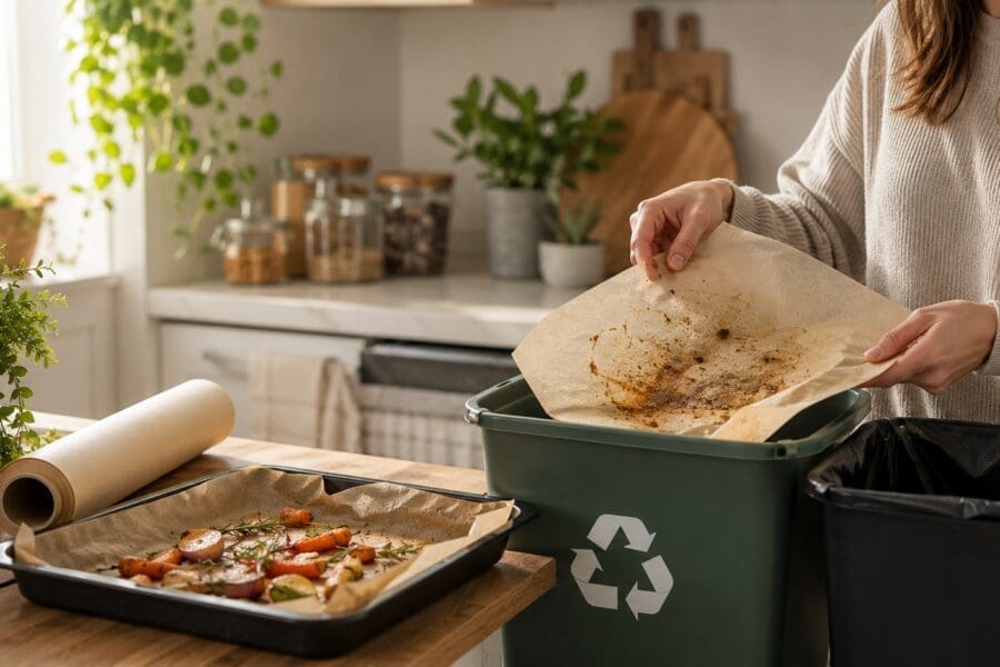 Person placing used baking paper into a recycling bin in a modern kitchen beside a tray of roasted vegetables and a roll of baking paper.